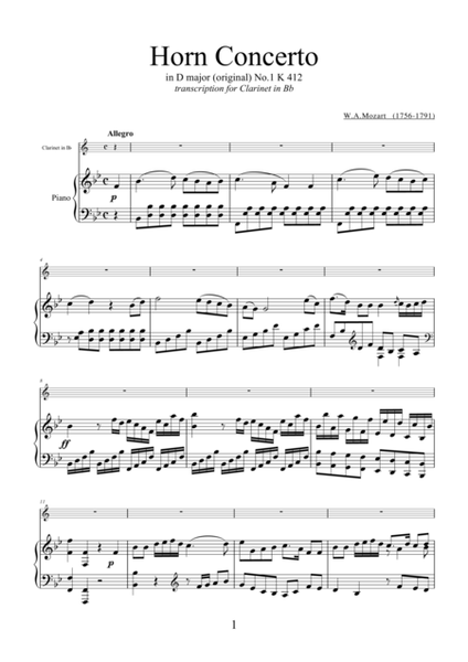 Concerto No.1 K412 (for clarinet) by Wolfgang Amadeus Mozart for clarinet and piano