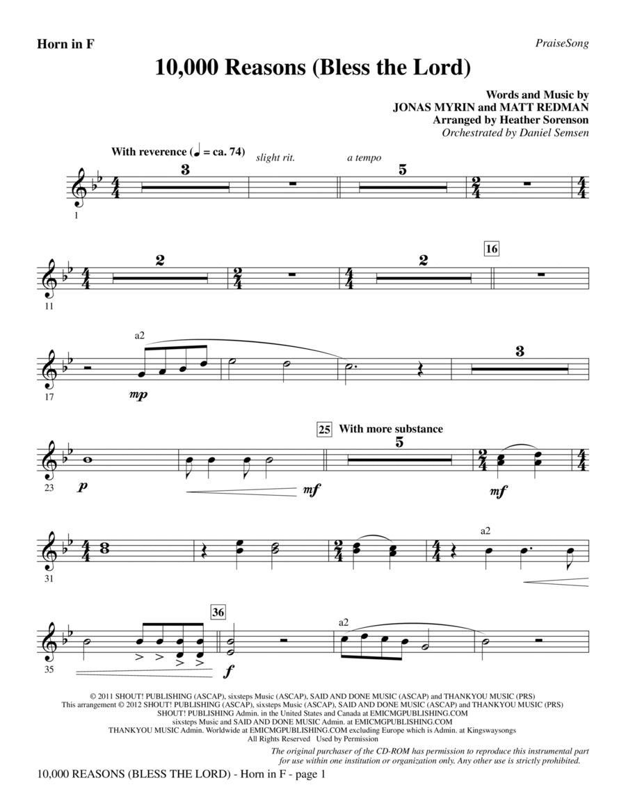 10,000 Reasons (Bless The Lord) - F Horn Choir scores gallery preview page 1