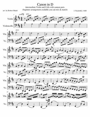 Canon in D for intermediate Violin-Cello Duet (with cello canon parts)