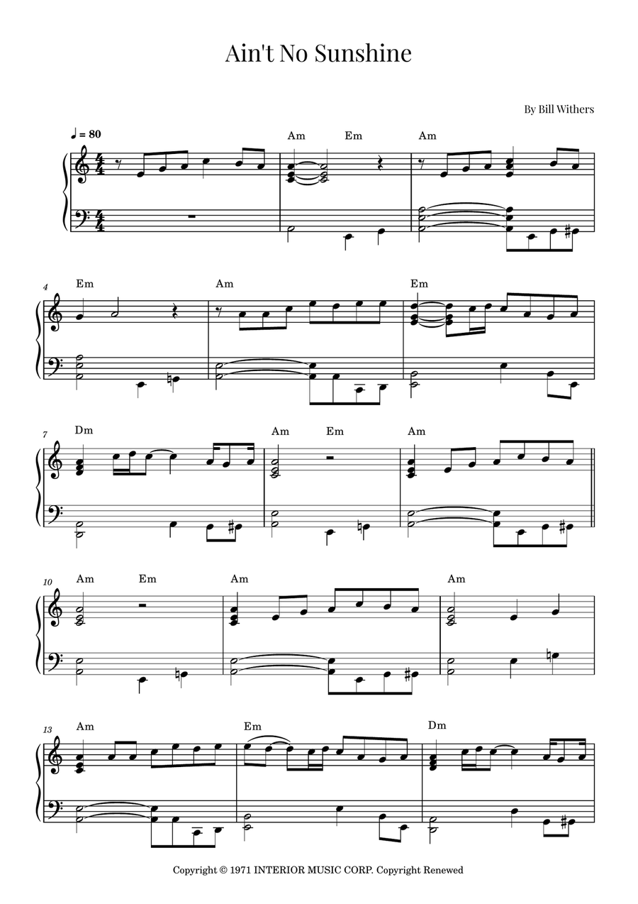 Ain't No Sunshine Easy Piano scores gallery preview page 1