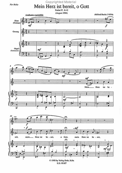 Mein Herz ist bereit, o Gott für Gesang, Flöte (Violine) und Orgel (od. anderes Tasteninstrument (1994) -Psalm 57, 8-12-