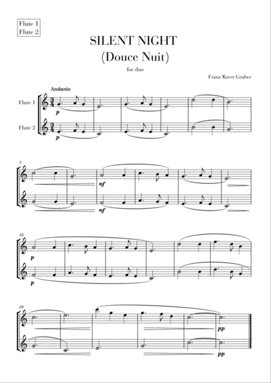 Silent Night for 2 Flutes Flute Duet scores gallery preview page 1