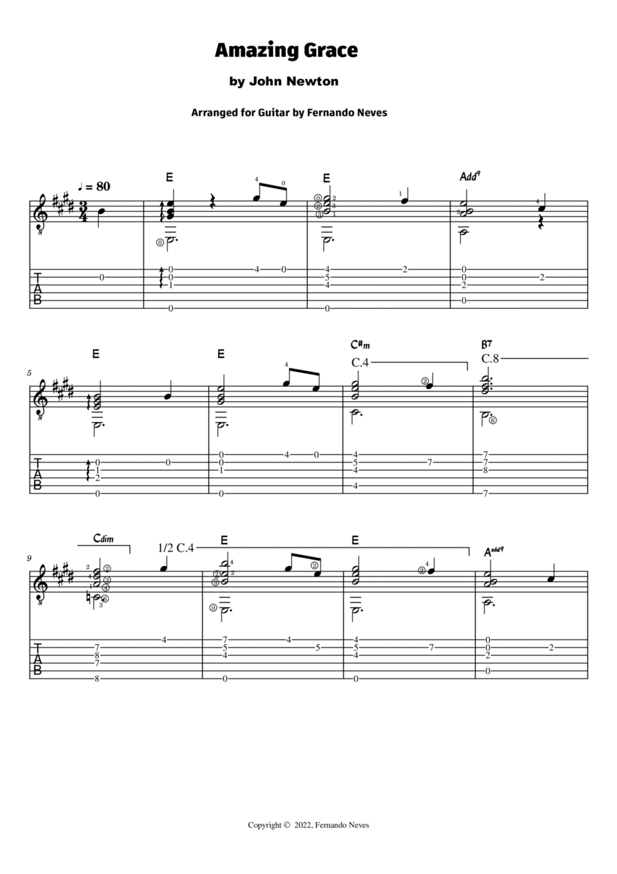 Amazing Grace (Solo Fingerstyle Guitar) Acoustic Guitar scores gallery preview page 1