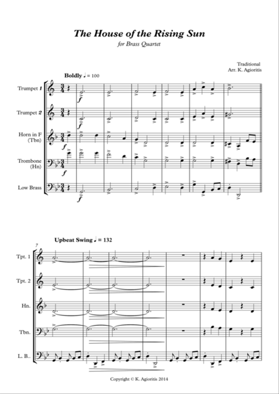 The House of the Rising Sun - for Brass Quartet Brass Quartet scores gallery preview page 1