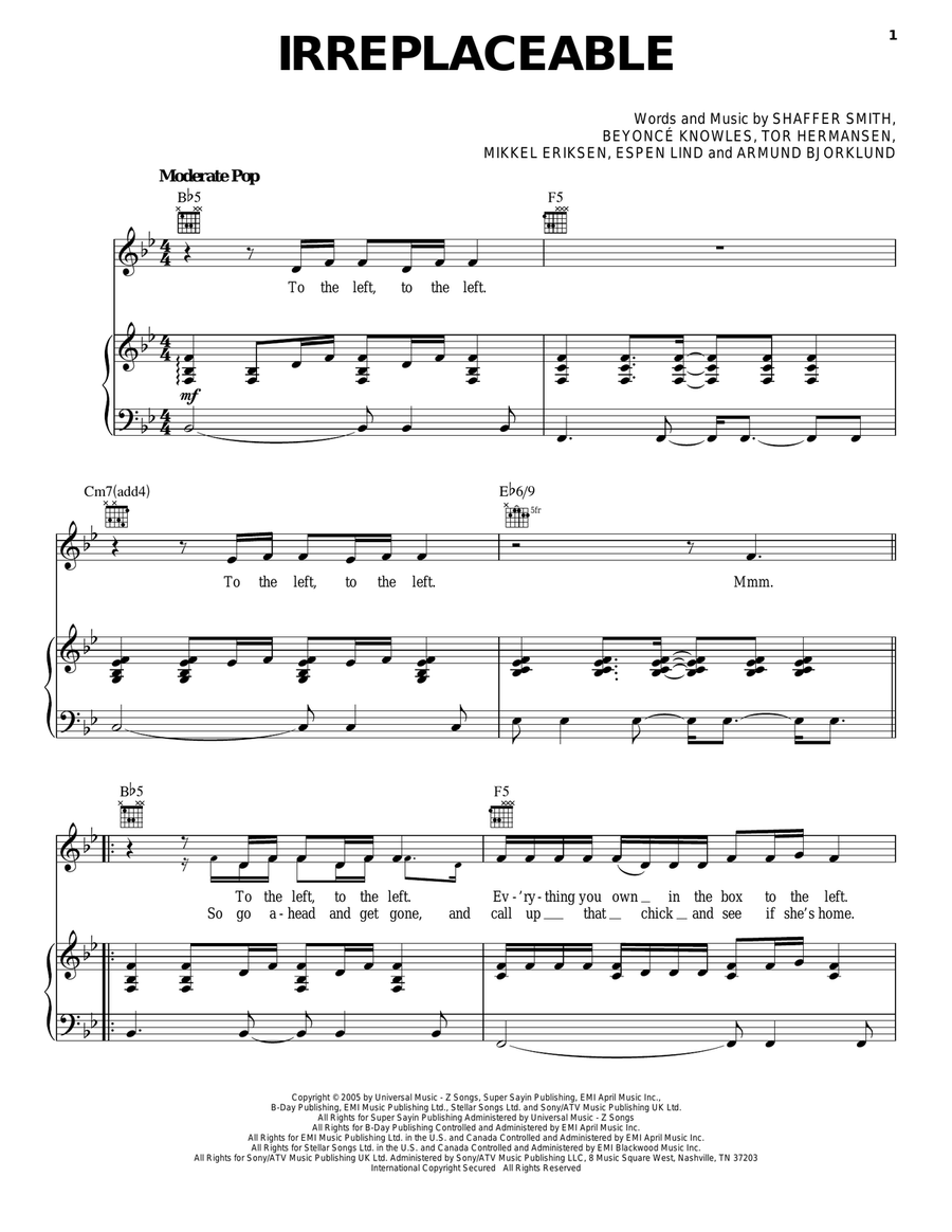 Irreplaceable Piano, Vocal, Guitar scores gallery preview page 1