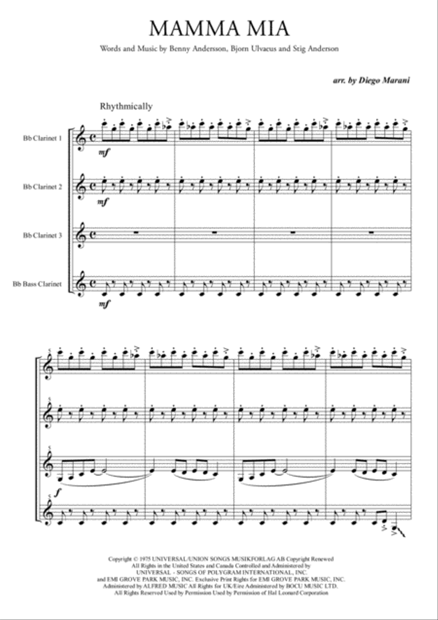 Mamma Mia Woodwind Quartet scores gallery preview page 1