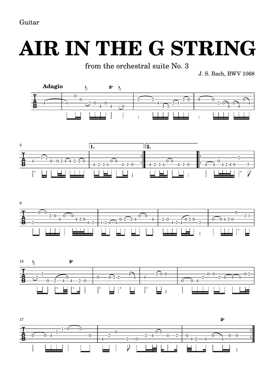 Air on the G string in D, BWV 1068 (accompanied) - GUITAR tab Piano, Vocal scores gallery preview page 1
