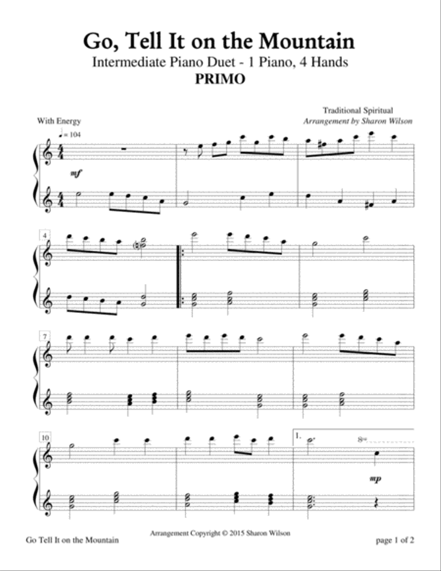 Go, Tell It on the Mountain (Intermediate Piano Duet - 1 Piano, 4 Hands) image number null