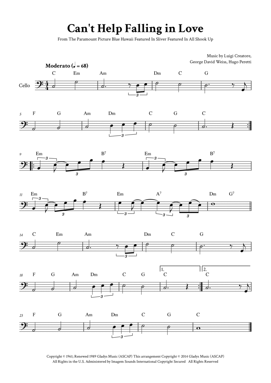 Can't Help Falling In Love Cello Solo scores gallery preview page 1