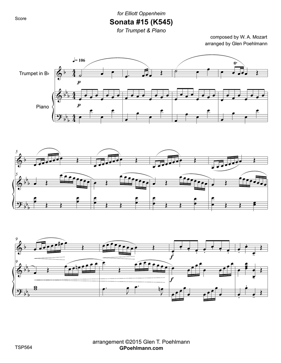 SONATA (K545) arranged for TRUMPET SOLO with Piano Accompaniment Trumpet Solo scores gallery preview page 1