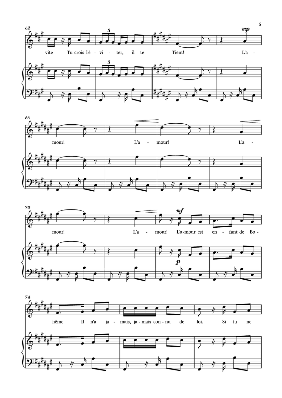 Habanera - Carmen for piano and voice in F# minor. Piano, Vocal scores gallery preview page 5