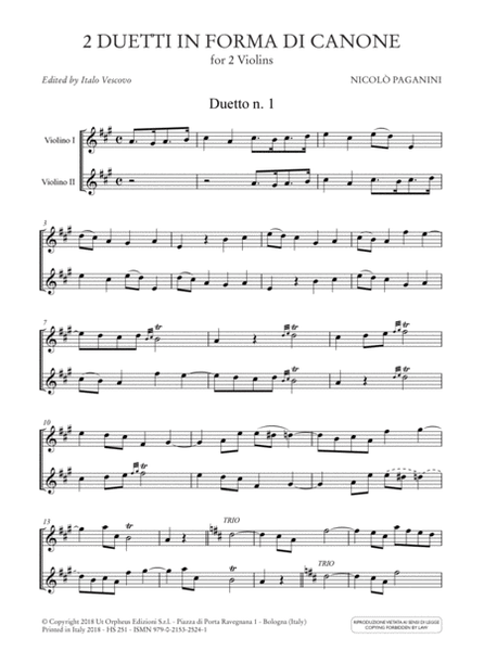 2 Duetti in forma di Canone for 2 Violins. Edition based on the Autograph Manuscripts