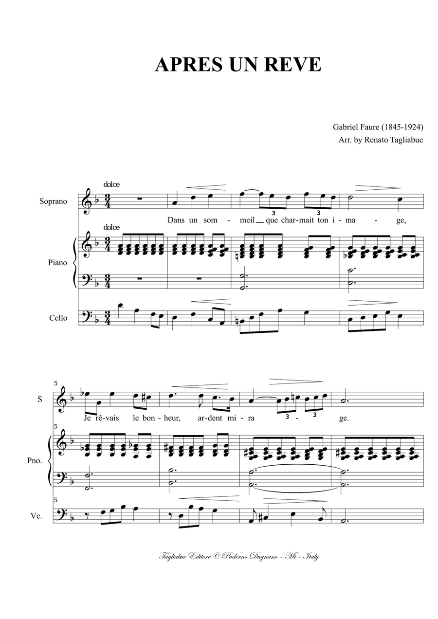 APRES UN REVE - Faure - Arr. for Soprano, Piano (and Cello ad libitum) Small Ensemble scores gallery preview page 2