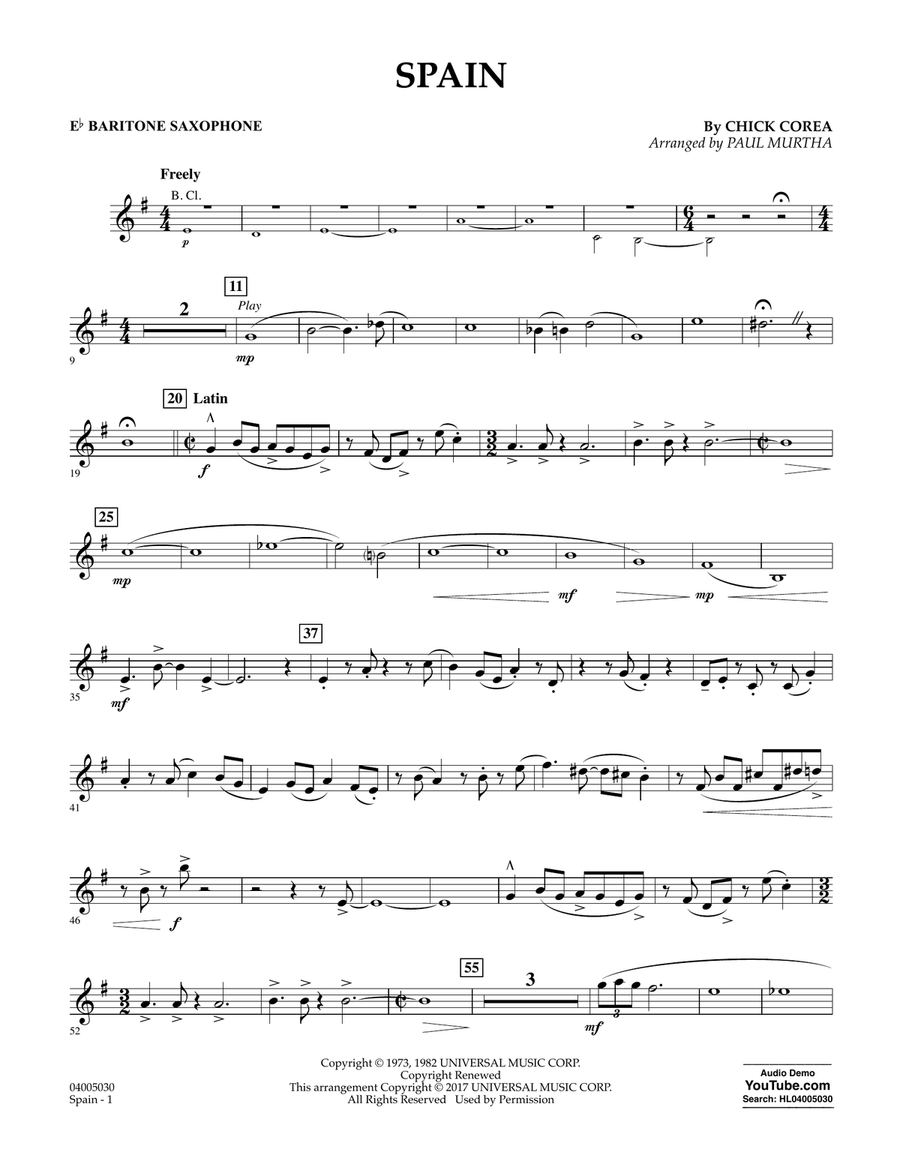 Spain - Eb Baritone Saxophone Concert Band scores gallery preview page 1