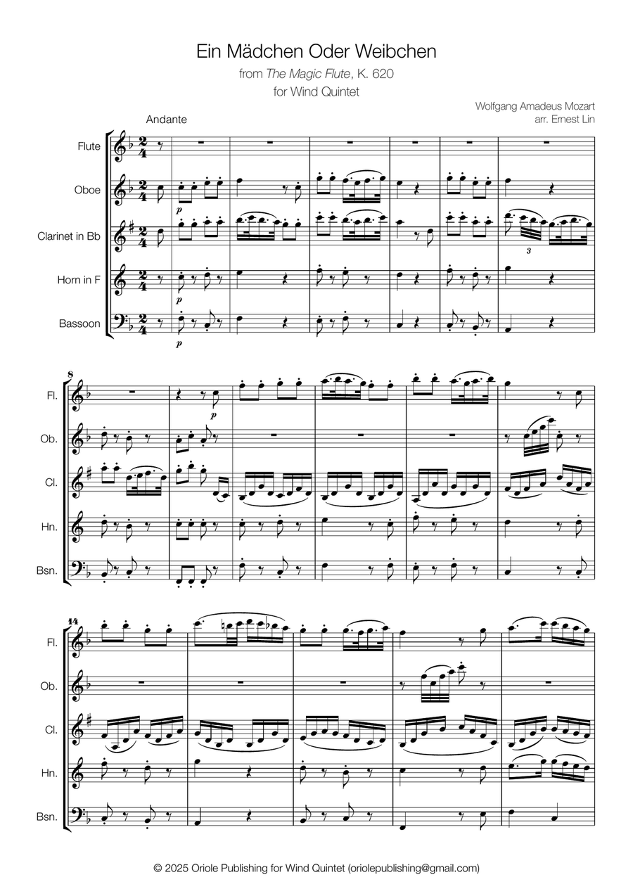Mozart - Ein Mädchen oder Weibchen for Wind Quintet Woodwind Quintet scores gallery preview page 2