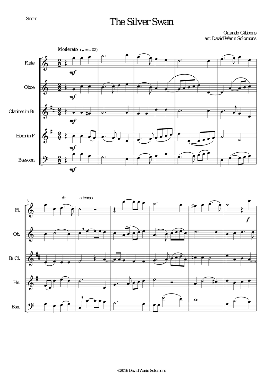 The Silver Swan for wind quintet Woodwind Quintet scores gallery preview page 1