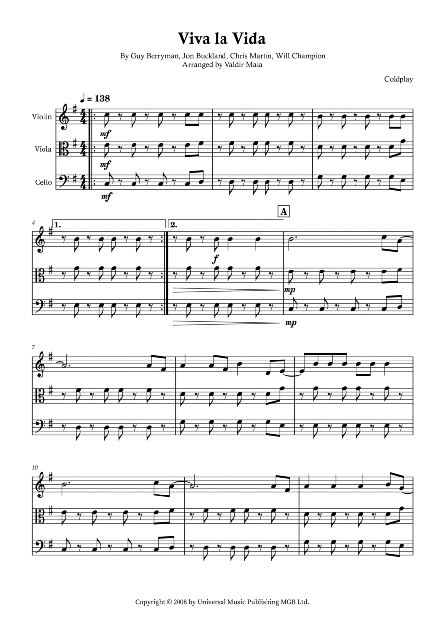 Viva La Vida Viva La Vida String Trio scores gallery preview page 1