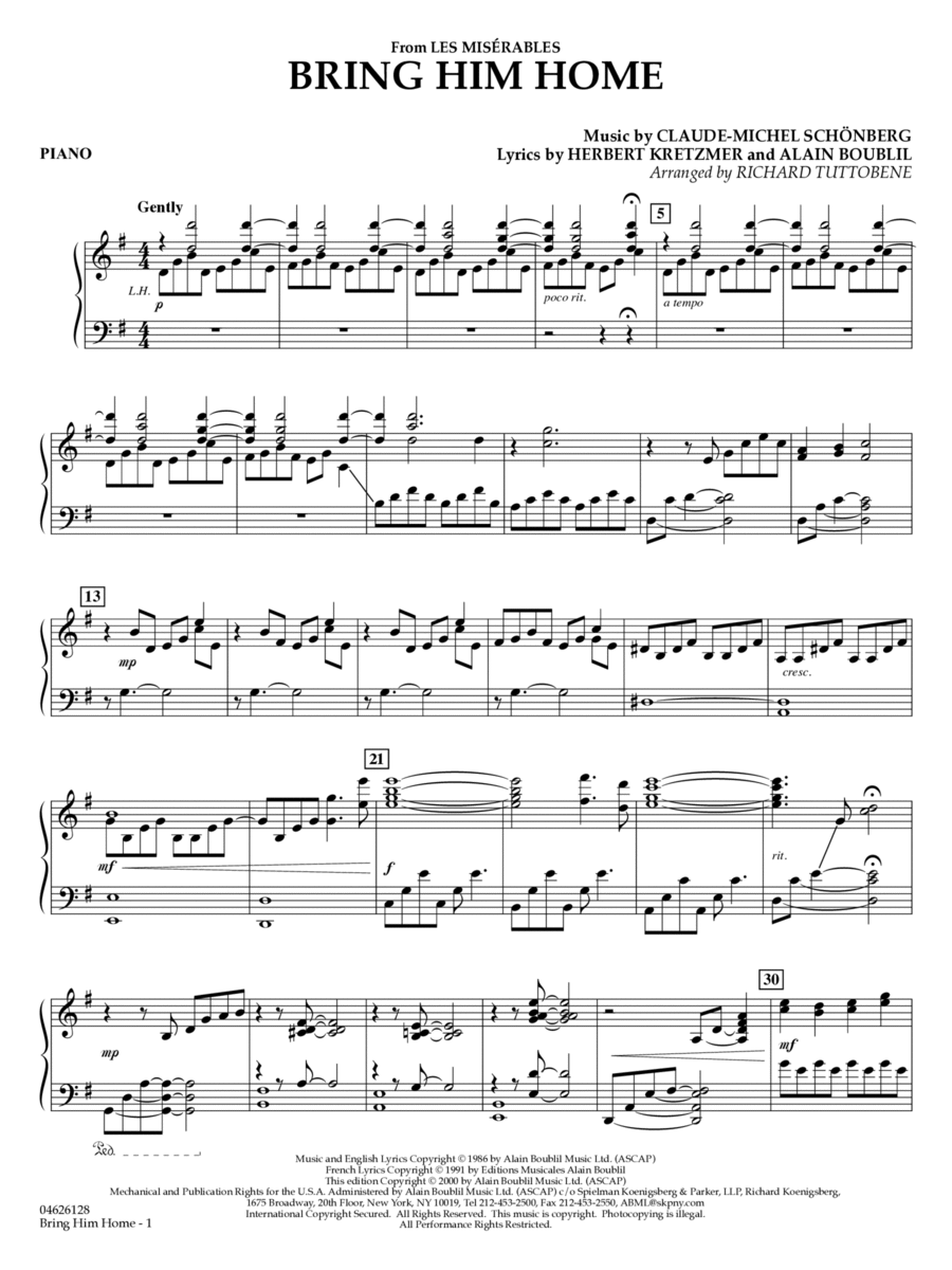Bring Him Home (from Les Misérables) (arr. Richard Tuttobene) - Piano