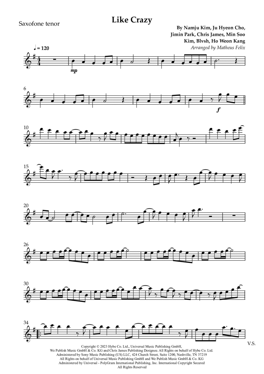 Like Crazy (English Version) Tenor Saxophone scores gallery preview page 1