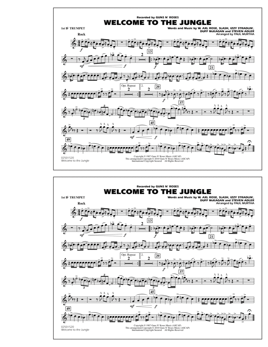 Welcome To The Jungle - 1st Bb Trumpet Marching Band scores gallery preview page 1