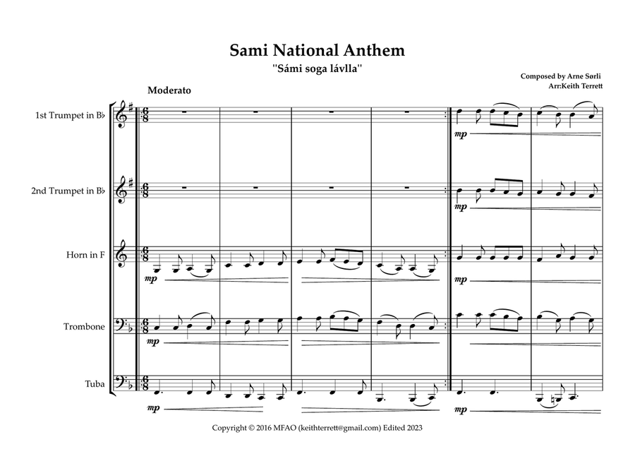 Sami National Anthem (''Sámi soga lávlla'') for Brass Quintet Brass Quintet scores gallery preview page 2
