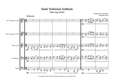 Sami National Anthem (''Sámi soga lávlla'') for Brass Quintet image number null