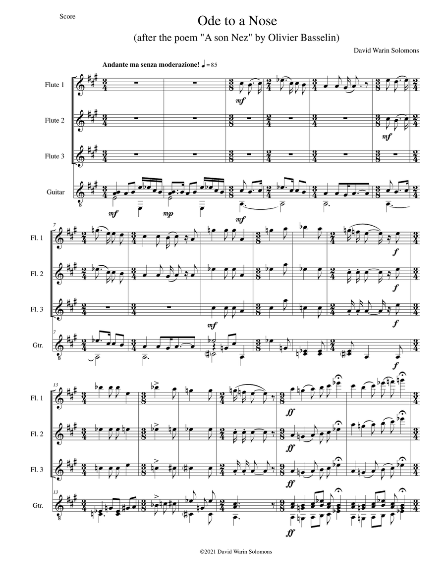 Ode to a Nose for three flutes and guitar Flute scores gallery preview page 1