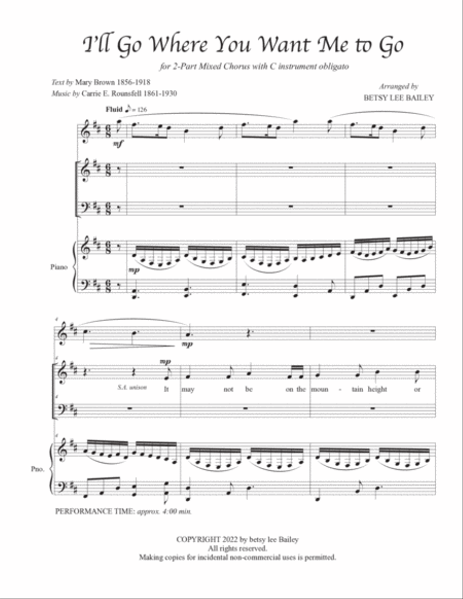 I'll Go Where You Want Me to Go - 2-Part Mixed Chorus, Piano, C instrument 2-Part scores gallery preview page 2