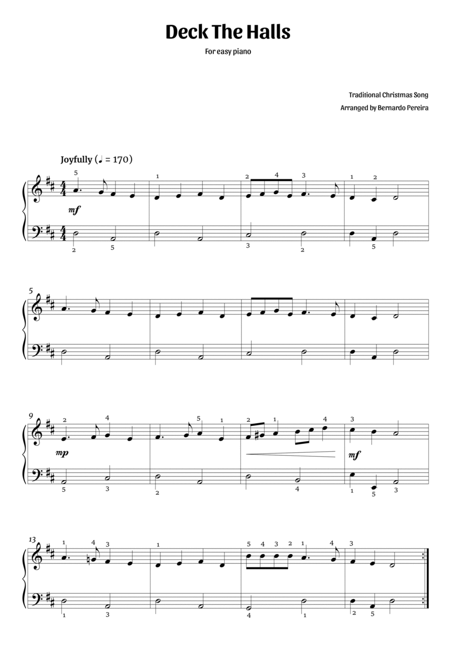 Deck The Halls (easy piano – D major) Easy Piano scores gallery preview page 1