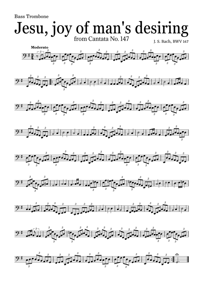 JESU, JOY OF MAN'S DESIRING by Bach - easy version for Bass Trombone and piano with chords image number null