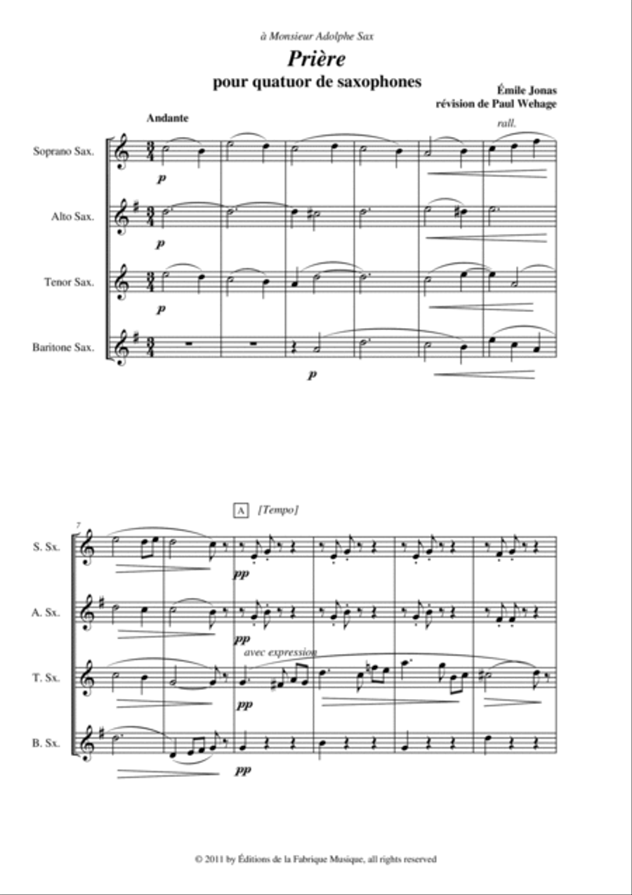 Emile Jonas: Prière for SATB saxophone quartet