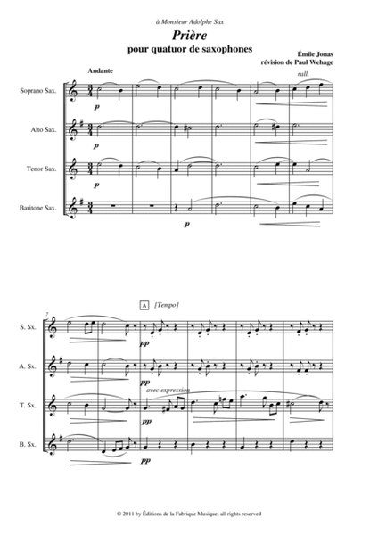 Emile Jonas: Prière for SATB saxophone quartet