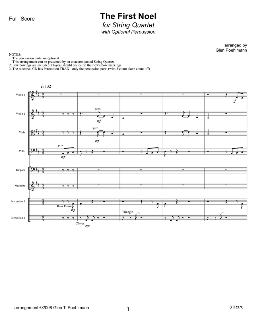 THE FIRST NOEL - STRING QUARTET with optional Percussion String Quartet scores gallery preview page 1