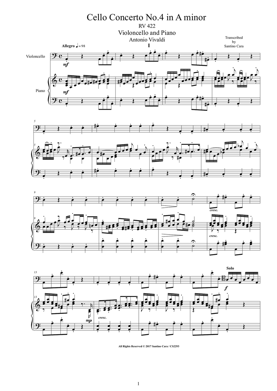 Vivaldi - Cello Concerto No.4 in A minor RV 422 for Cello and Piano Piano scores gallery preview page 1