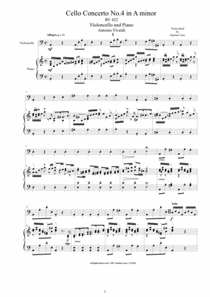 Book cover for Vivaldi - Cello Concerto No.4 in A minor RV 422 for Cello and Piano