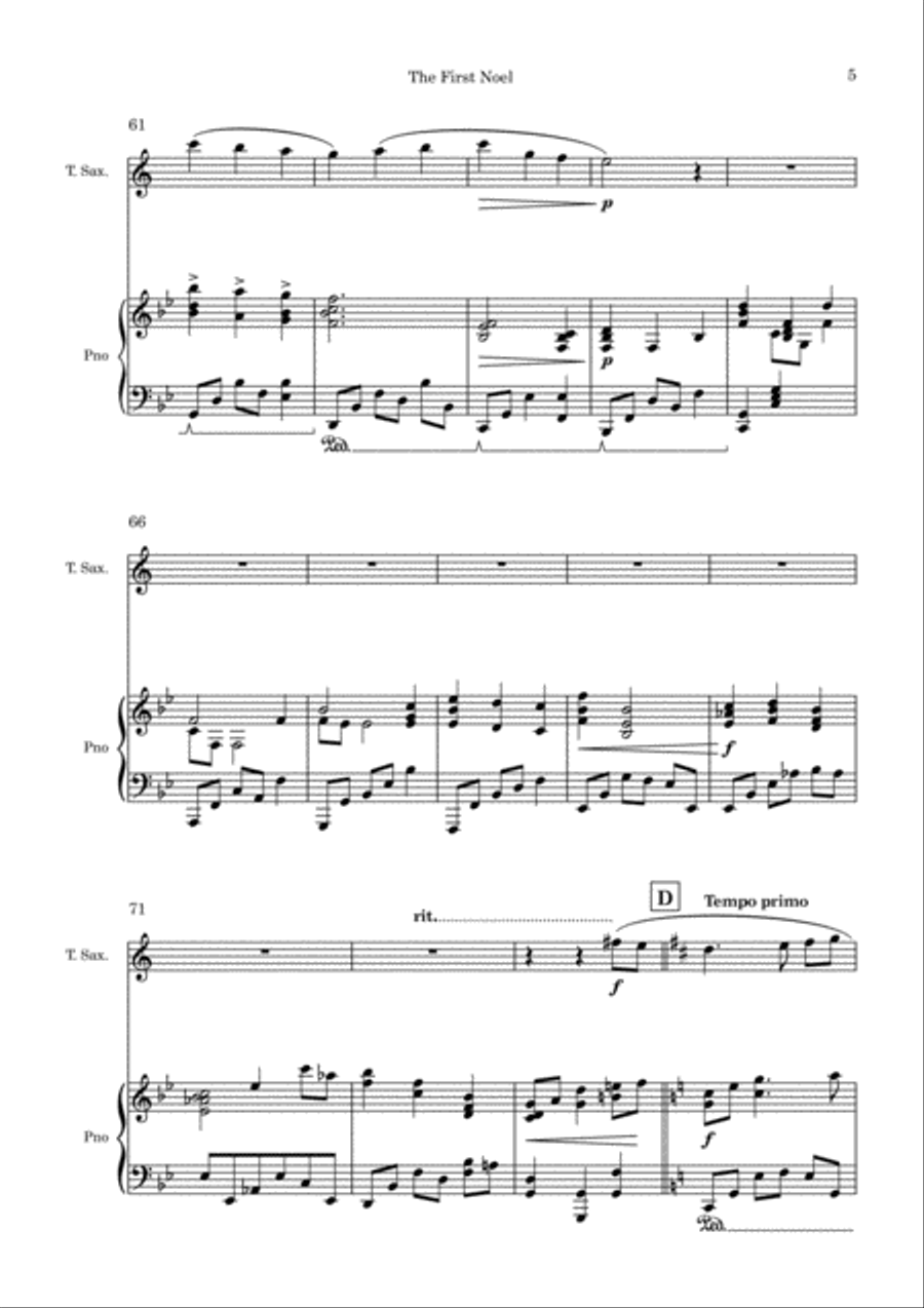 The First Noel (O Primeiro Natal) - Piano and Tenor Saxophone Woodwind Duet scores gallery preview page 6