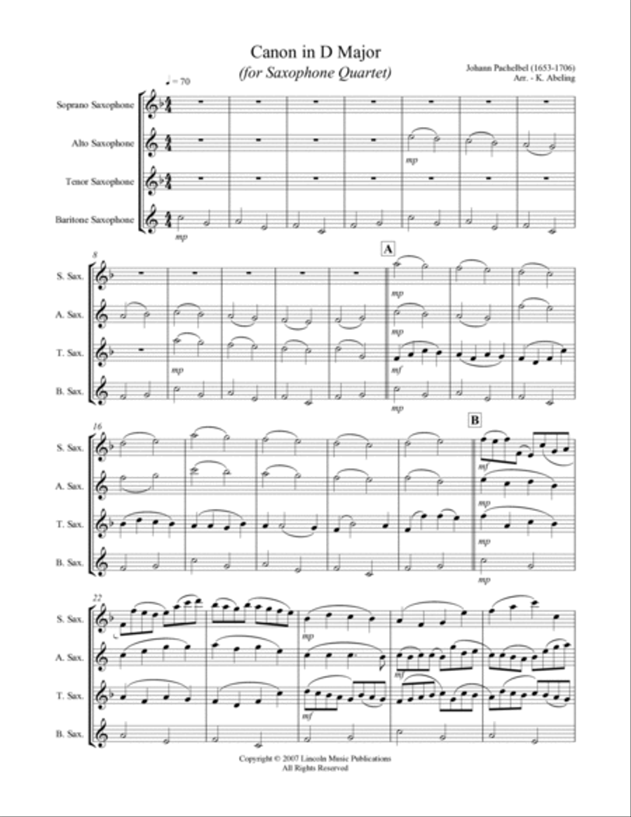 Pachelbel - Canon in D Major (for Saxophone Quartet SATB) Saxophone Quartet scores gallery preview page 2