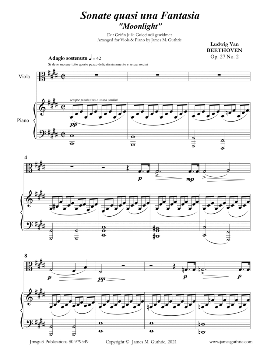 Beethoven: Adagio from the Moonlight Sonata for Viola & Piano Piano scores gallery preview page 1