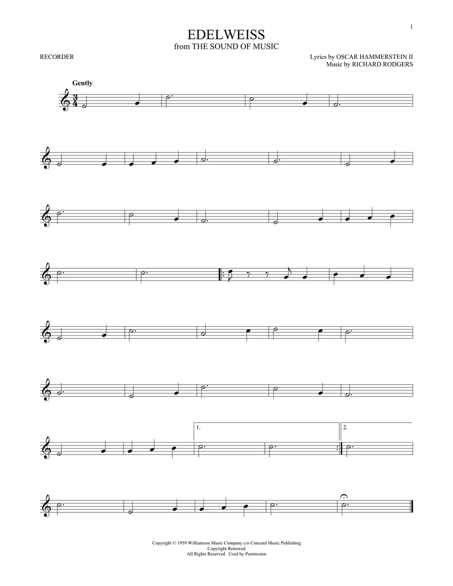 Edelweiss (from The Sound Of Music) Recorder scores gallery preview page 1