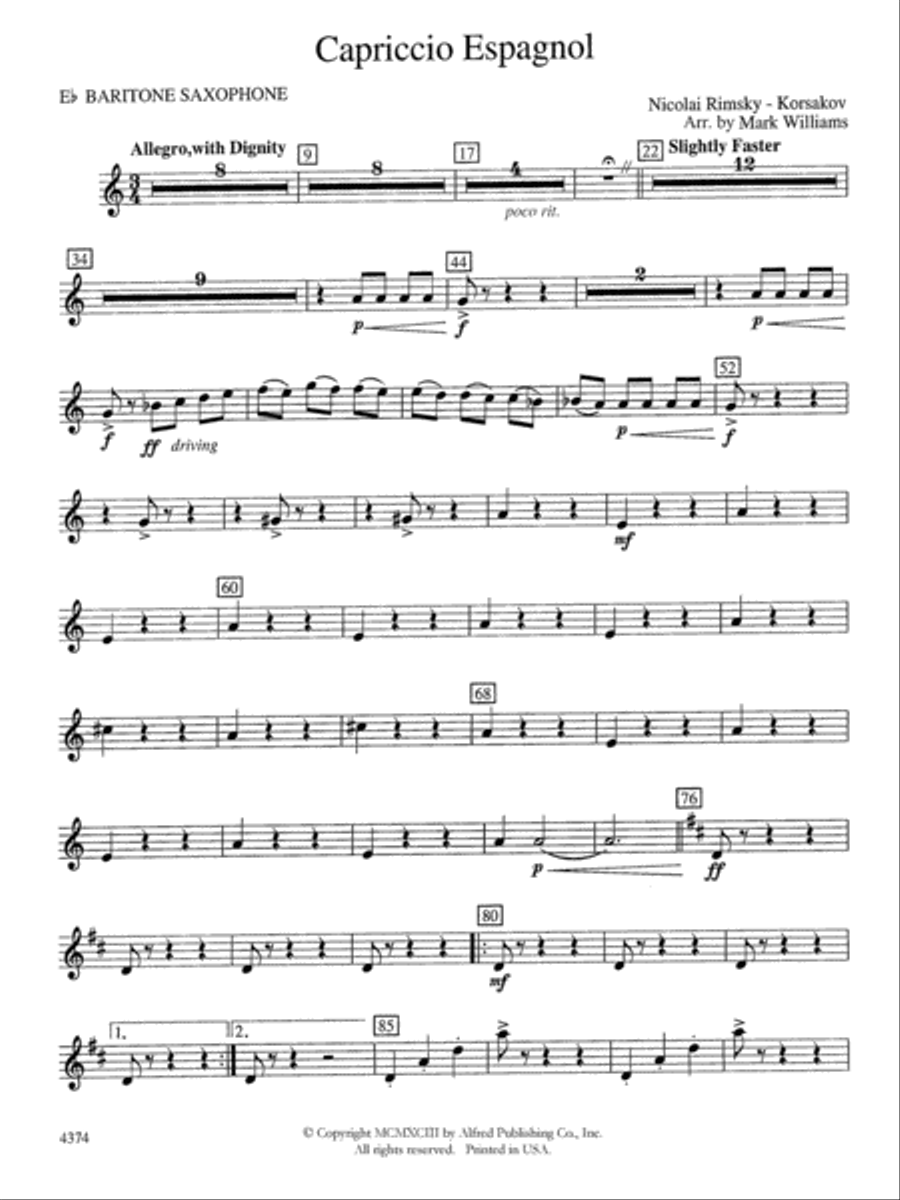 Capriccio Espagnol: E-flat Baritone Saxophone Concert Band scores gallery preview page 1