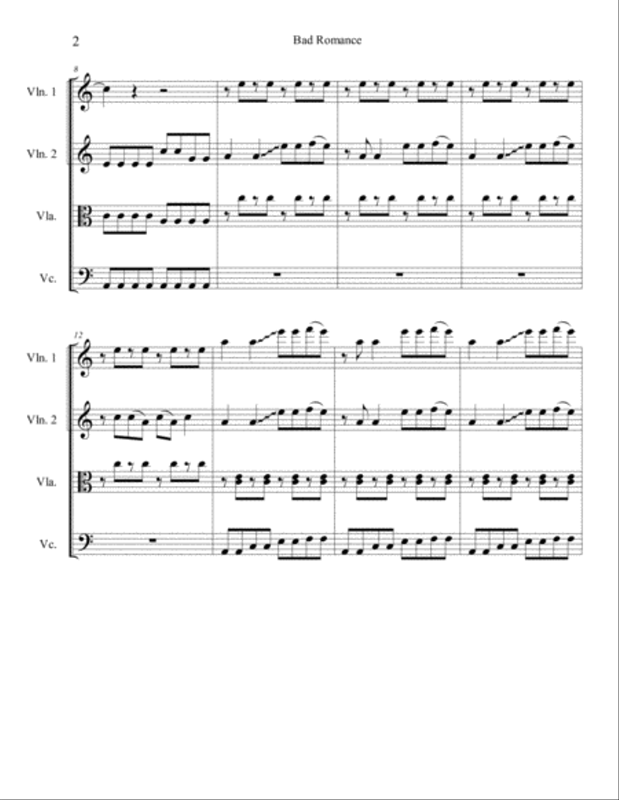 Bad Romance String Quartet scores gallery preview page 2