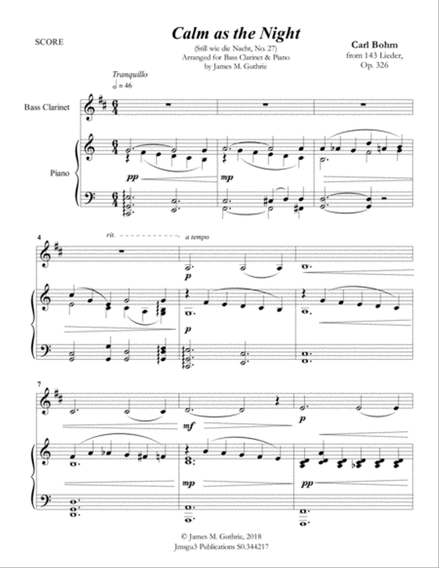 Bohm: Calm as the Night for Bass Clarinet & Piano Bass Clarinet scores gallery preview page 1