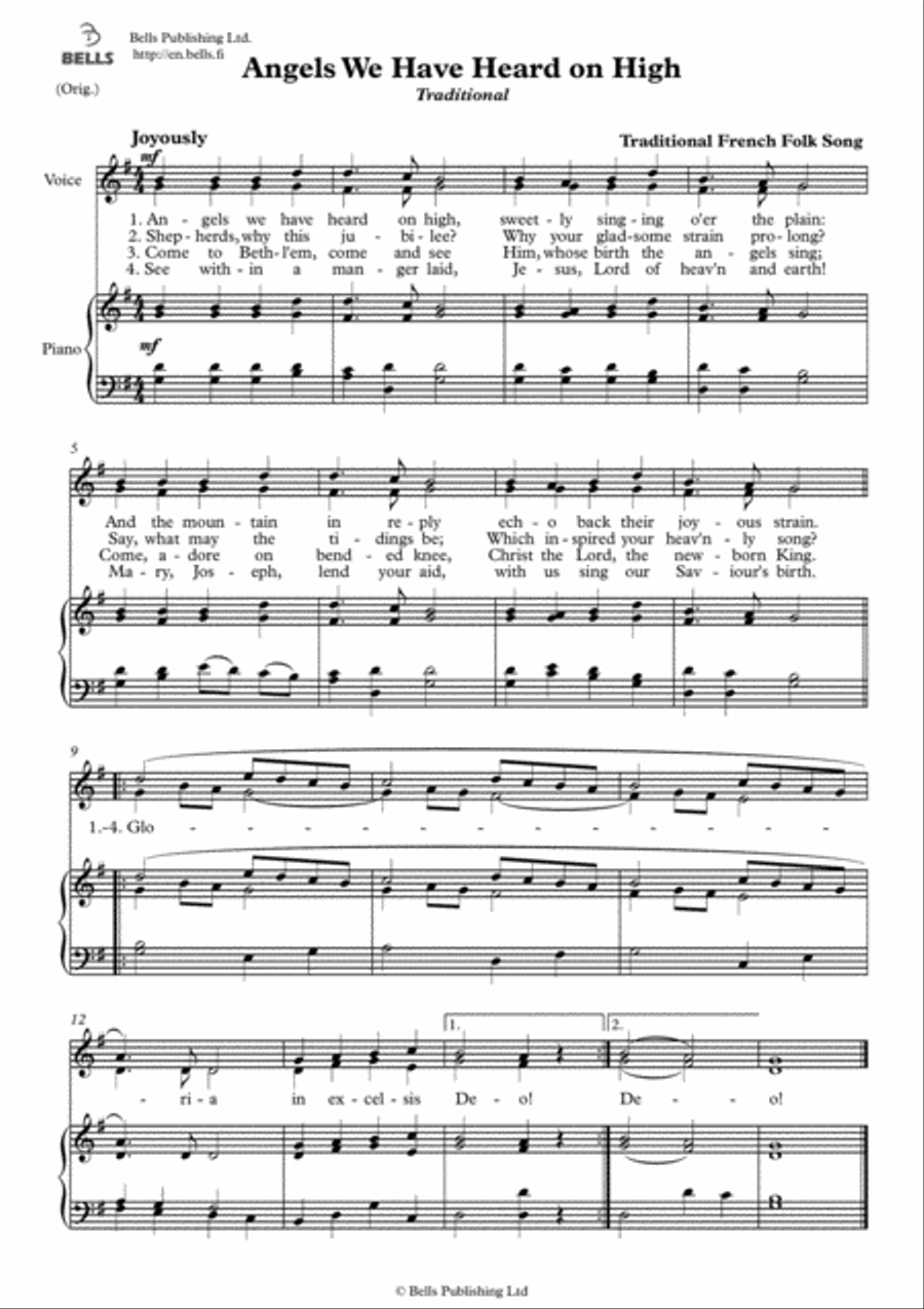 Angels we have heard on high (Duet) (Original key. G Major) Piano Accompaniment scores gallery preview page 1