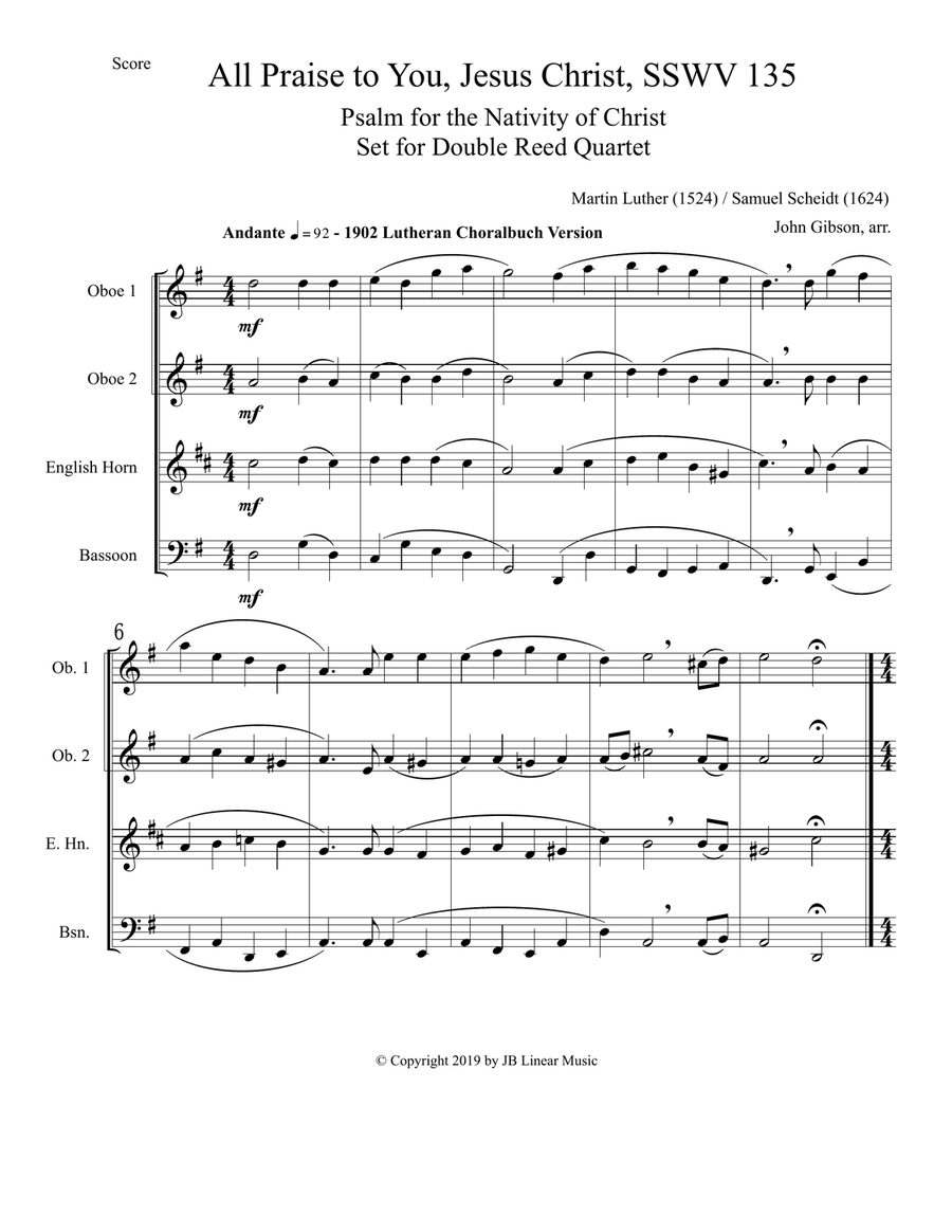 Samuel Scheidt - All Praise to You, Jesus - Double Reed Quartet Woodwind Ensemble scores gallery preview page 2