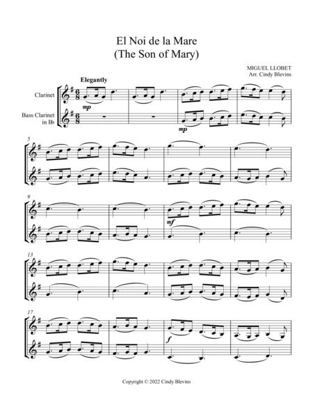 The Son Of Mary, Bb Clarinet and Bb Bass Clarinet Duet image number null