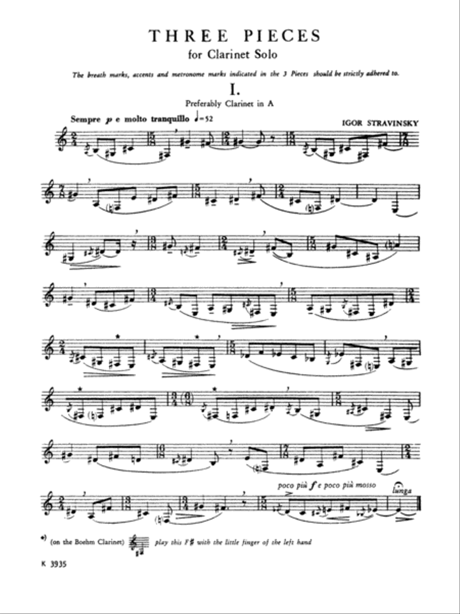 Three Pieces for Clarinet Solo unaccompanied by Igor Stravinsky