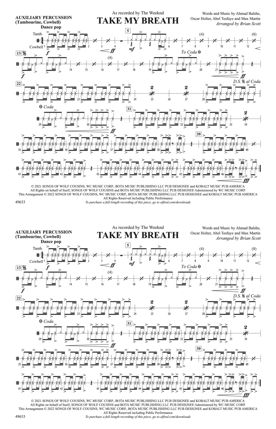 Take My Breath: Auxiliary Percussion Marching Band scores gallery preview page 1