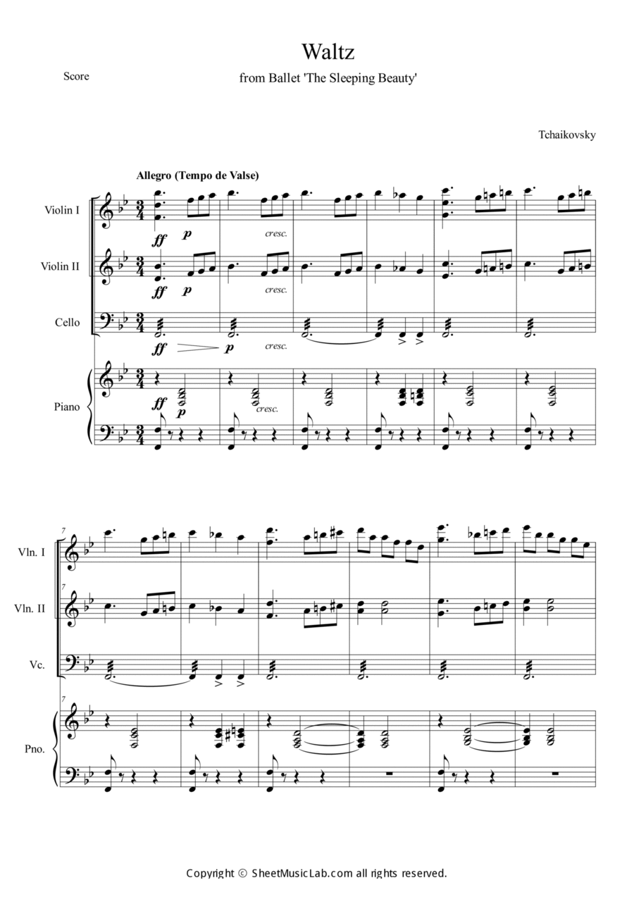 Waltz from Sleeping Beauty Piano Quartet scores gallery preview page 1