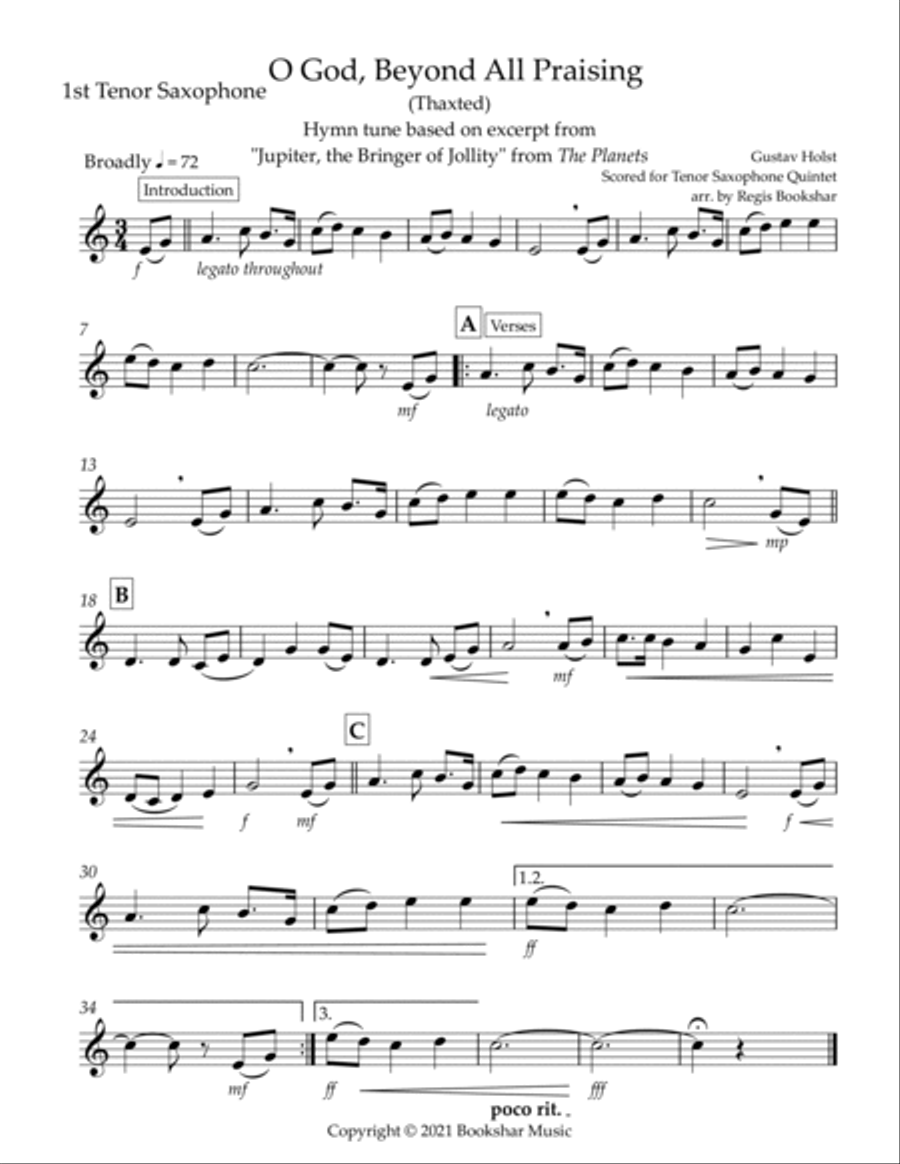 O God, Beyond All Praising (Thaxted) (Bb) (Tenor Saxophone Quintet) Saxophone Quintet scores gallery preview page 5