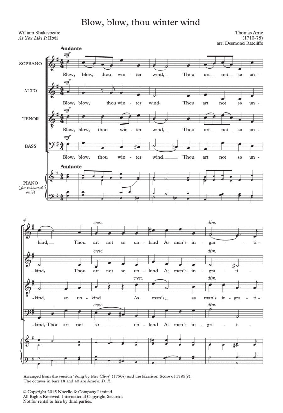 Blow, Blow, Thou Winter Wind (arr. Desmond Ratcliffe) 4-Part scores gallery preview page 1